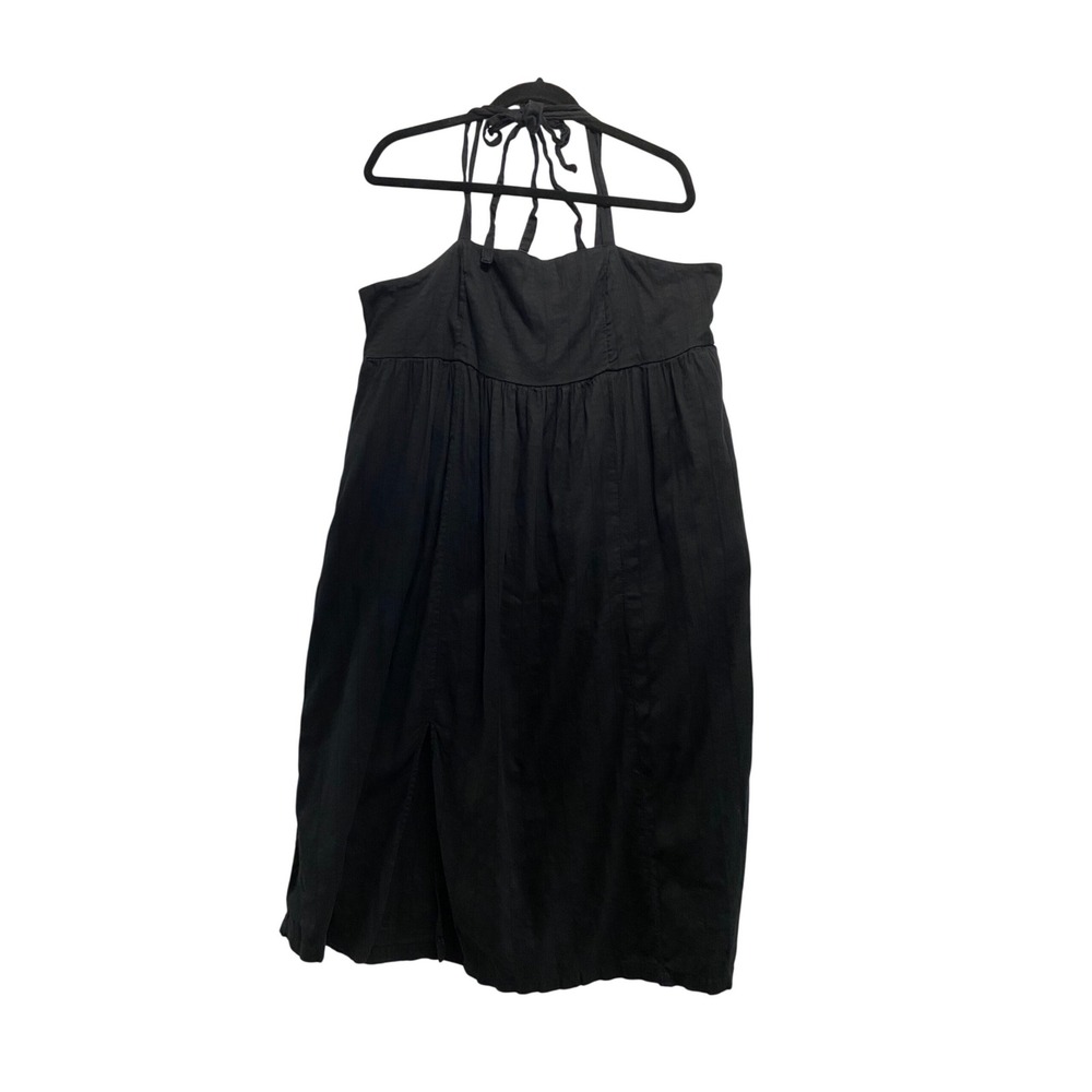 Old Navy Midi Dress Women XL Black Halter Neck Cotton Blend Dobby Dot Front Slit